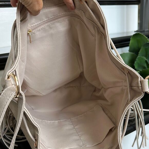Neutral Vegan Leather Fringe Bucket Crossbody Shoulder Bag bucket, drawstring - Picture 10 of 10